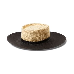 Natural Crochet Crown Black Brim Boater Hat