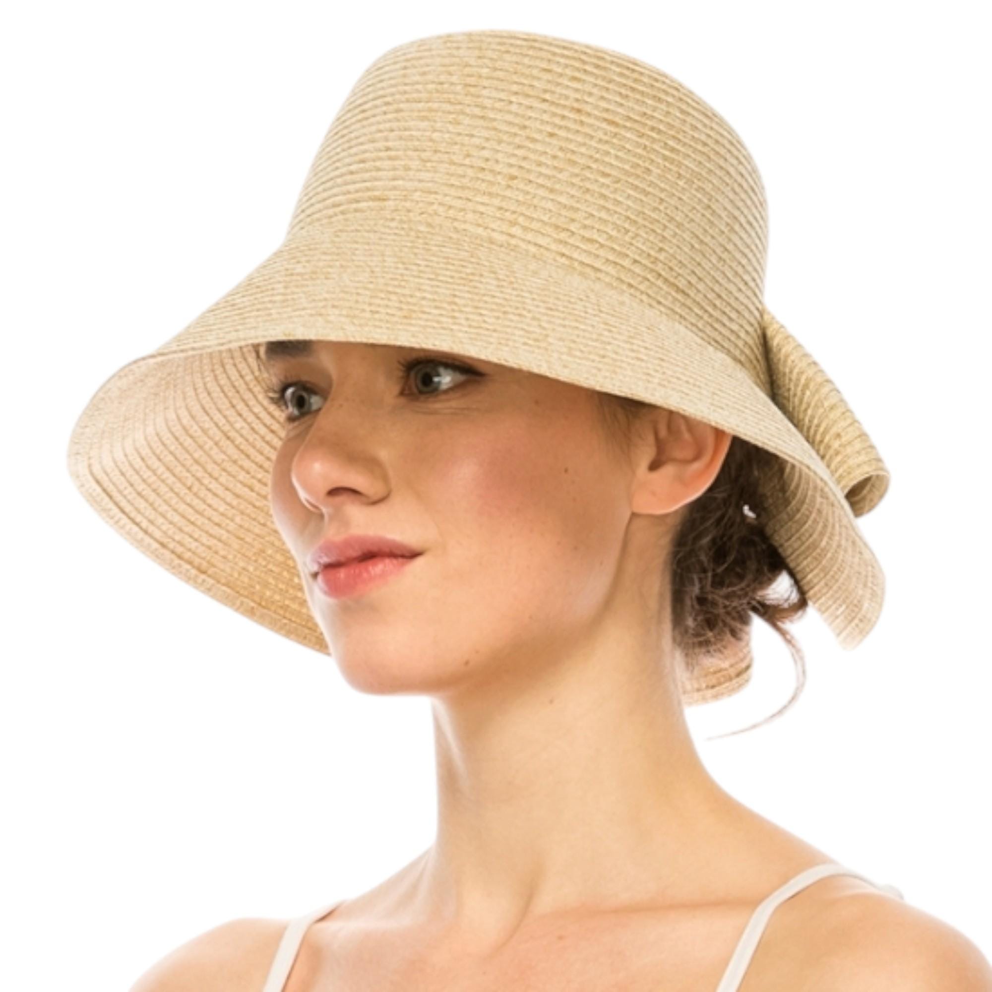 Packable Straw-Look Braid Sun Hat with Bow